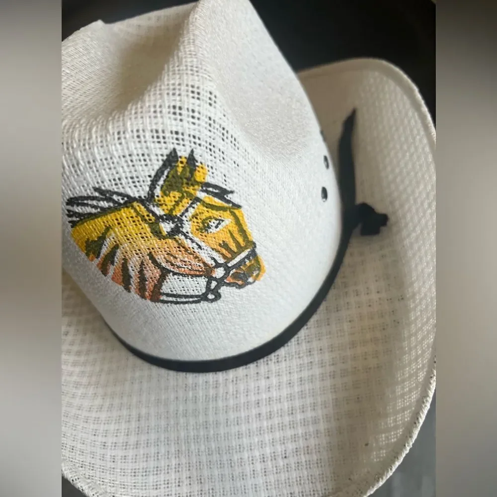 Kids White Straw Cowboy Hat with Horse Rodeo Summer Spring Fall Cap